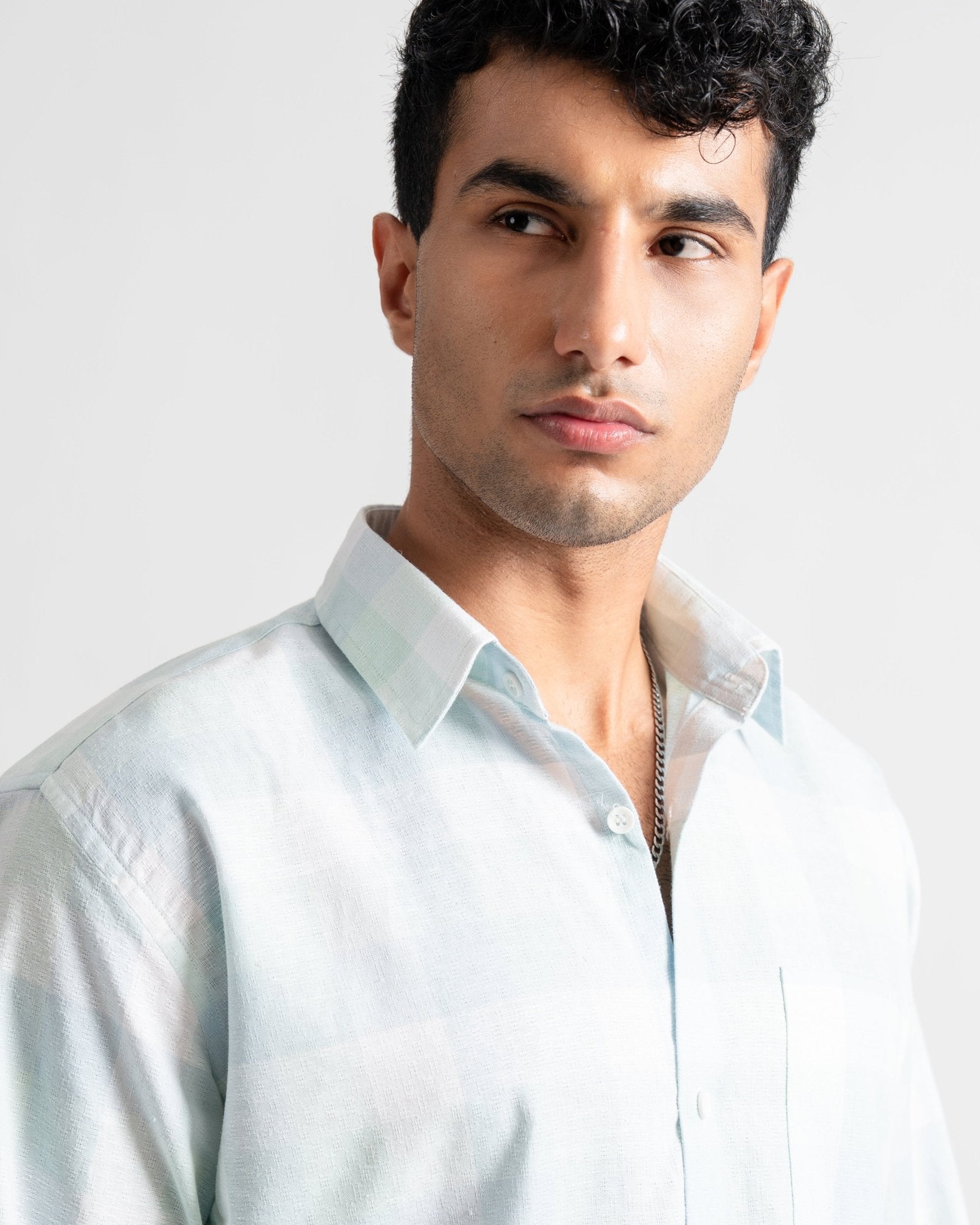 Linen Slim Fit Checks Blue Shade Casual Shirt