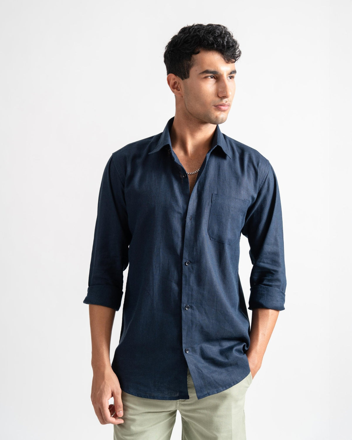 Linen Slim Fit Navy Blue Casual Shirt