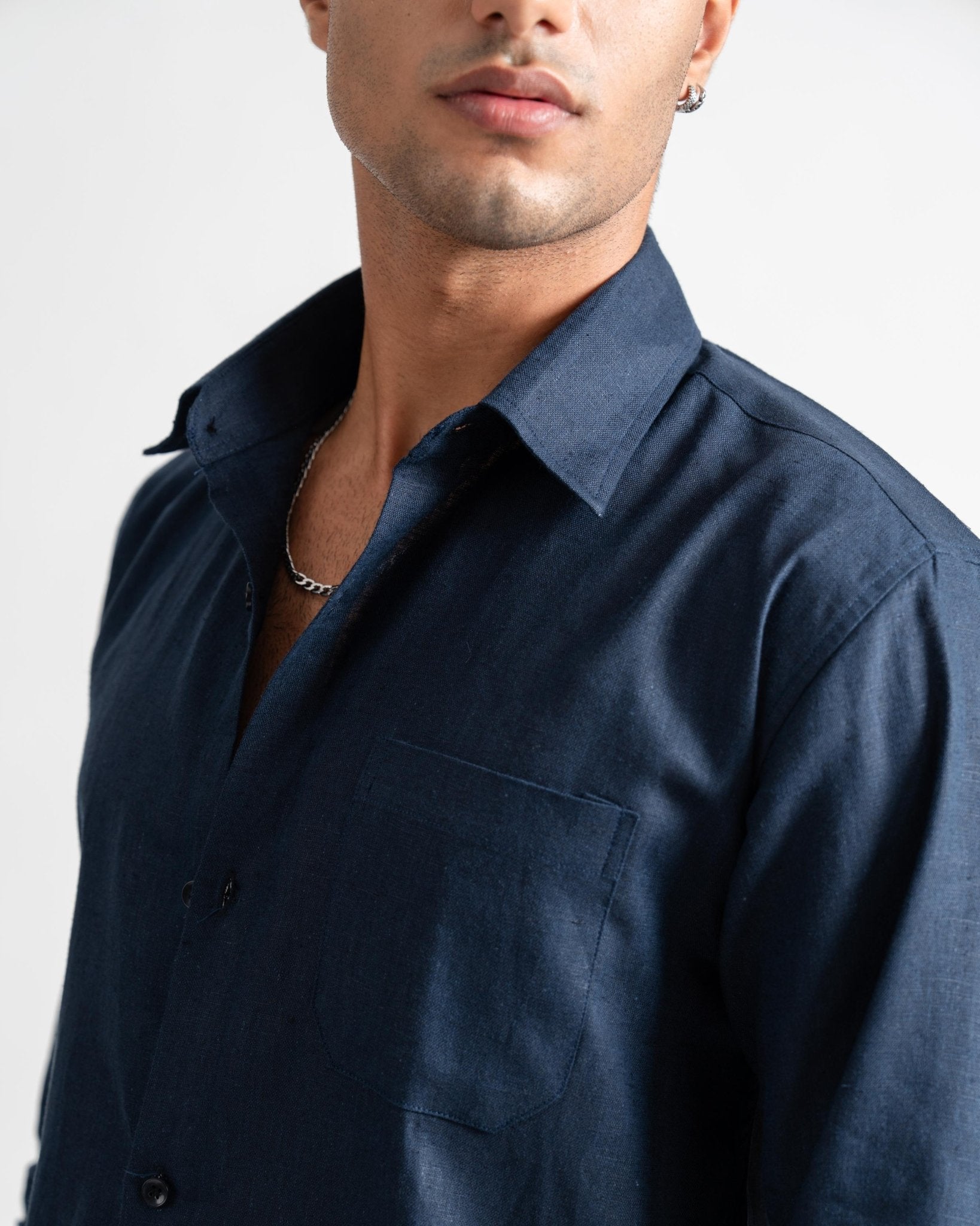 Linen Slim Fit Navy Blue Casual Shirt