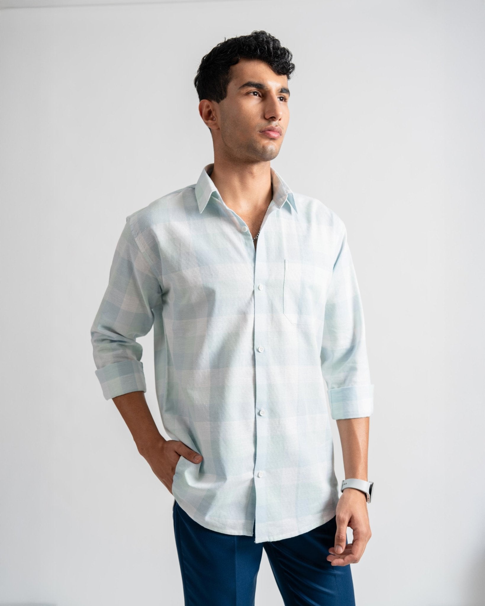 Linen Slim Fit Checks Blue Shade Casual Shirt