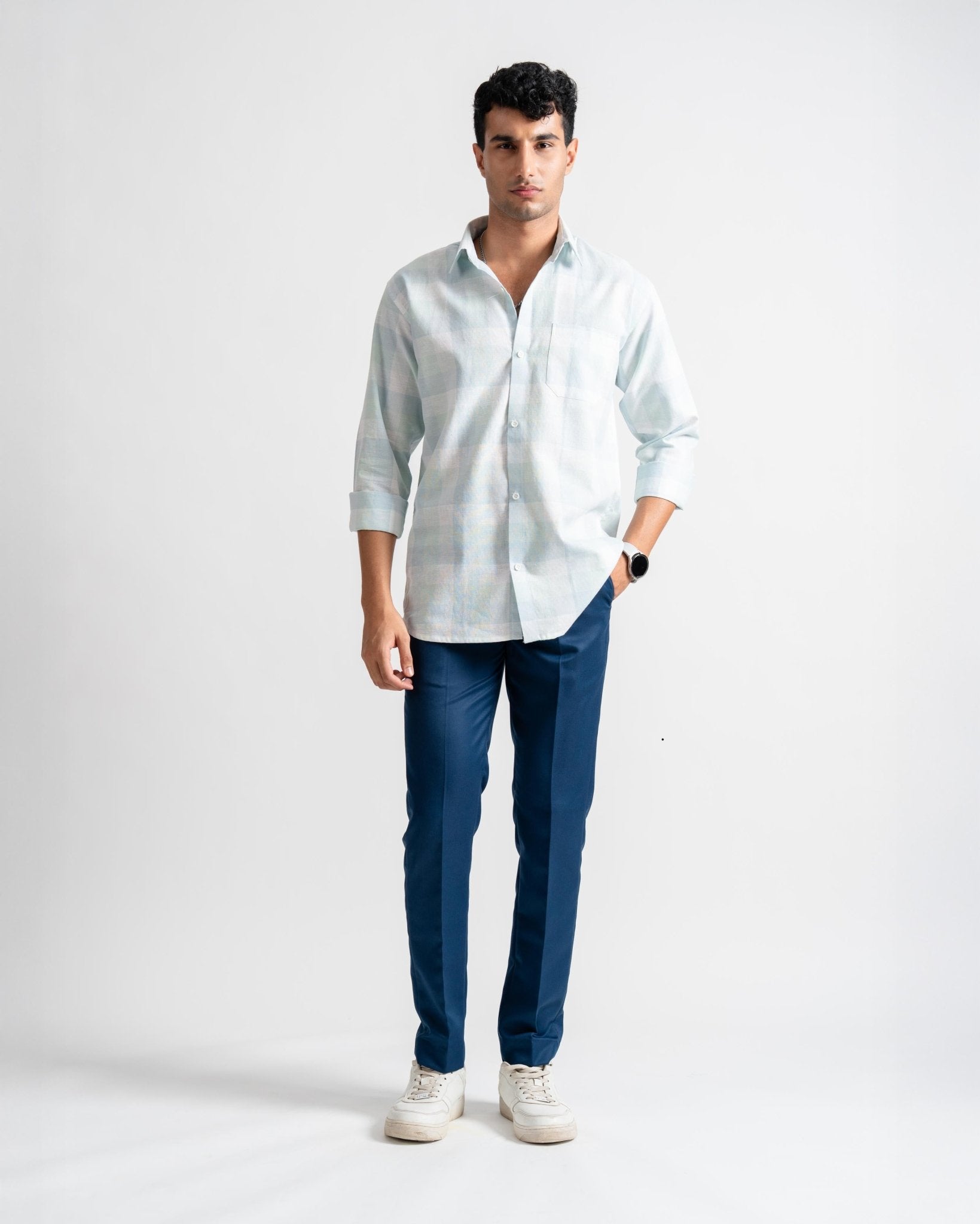 Linen Slim Fit Checks Blue Shade Casual Shirt