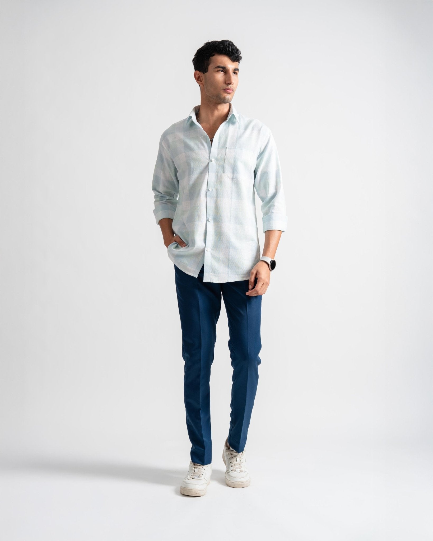 Linen Slim Fit Checks Blue Shade Casual Shirt