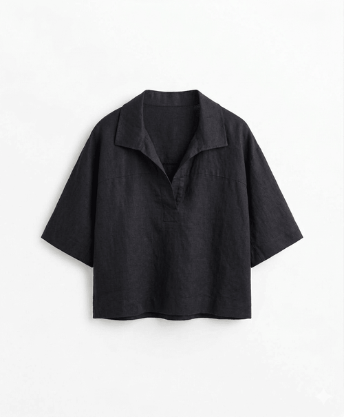 Box Fit Linen Polo - Kimono Inspired Black