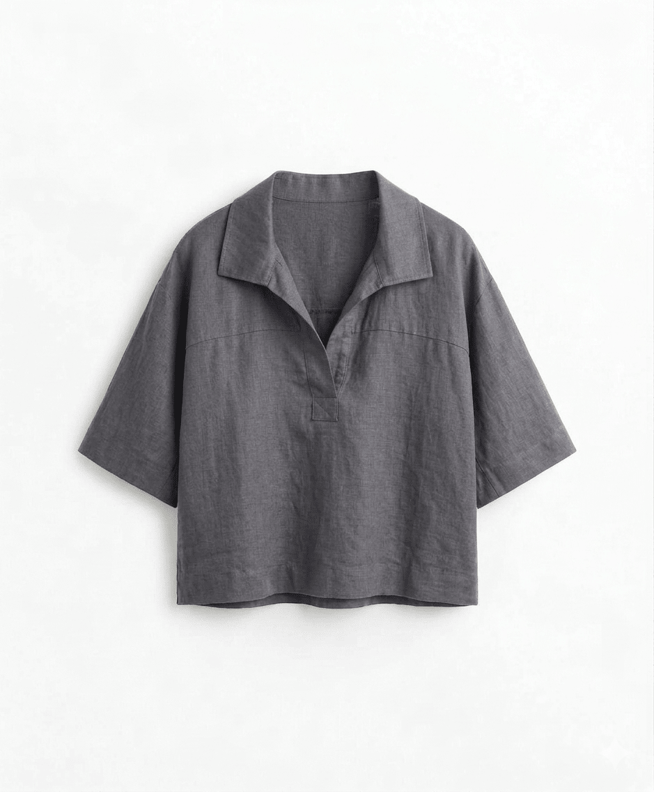 Box Fit Linen Polo - Kimono Inspired Gray