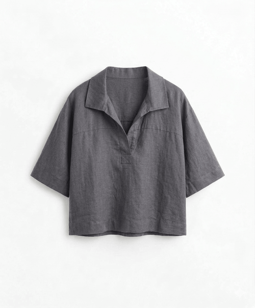Box Fit Linen Polo - Kimono Inspired Gray